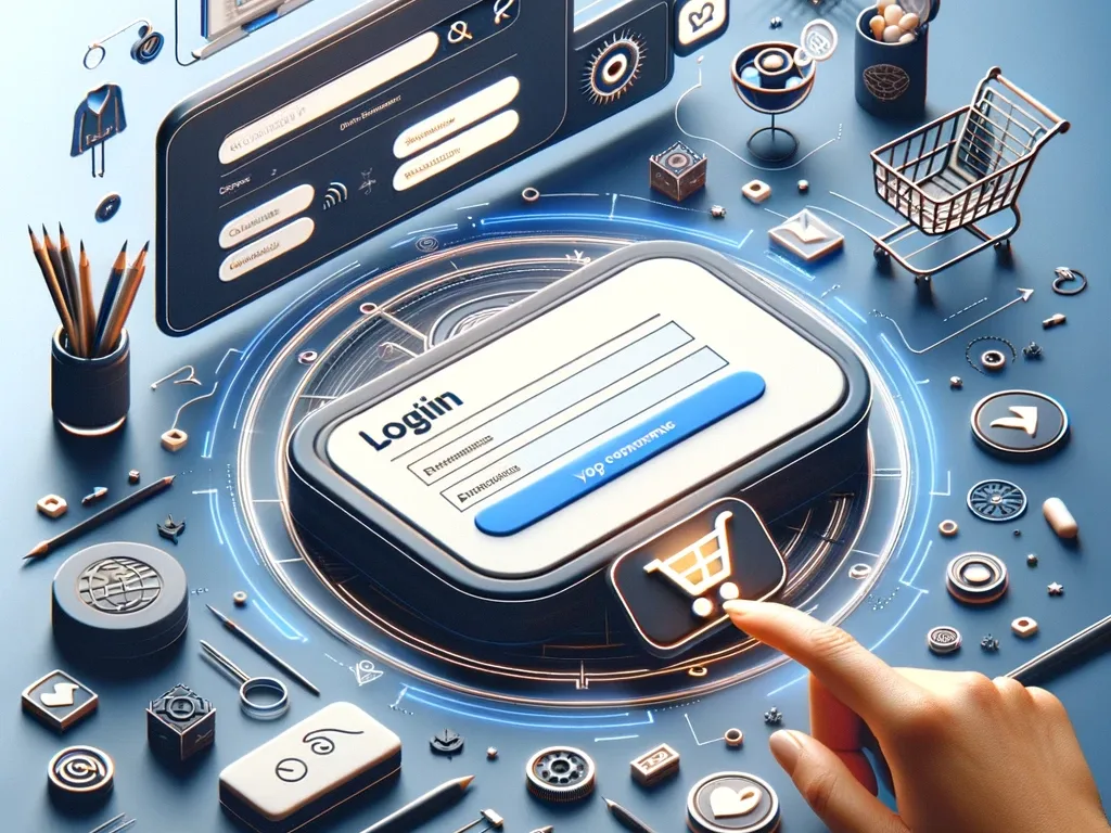 A visually engaging and informative image showcasing a custom login page design for a WooCommerce website. The image features a sleek and user-friendl