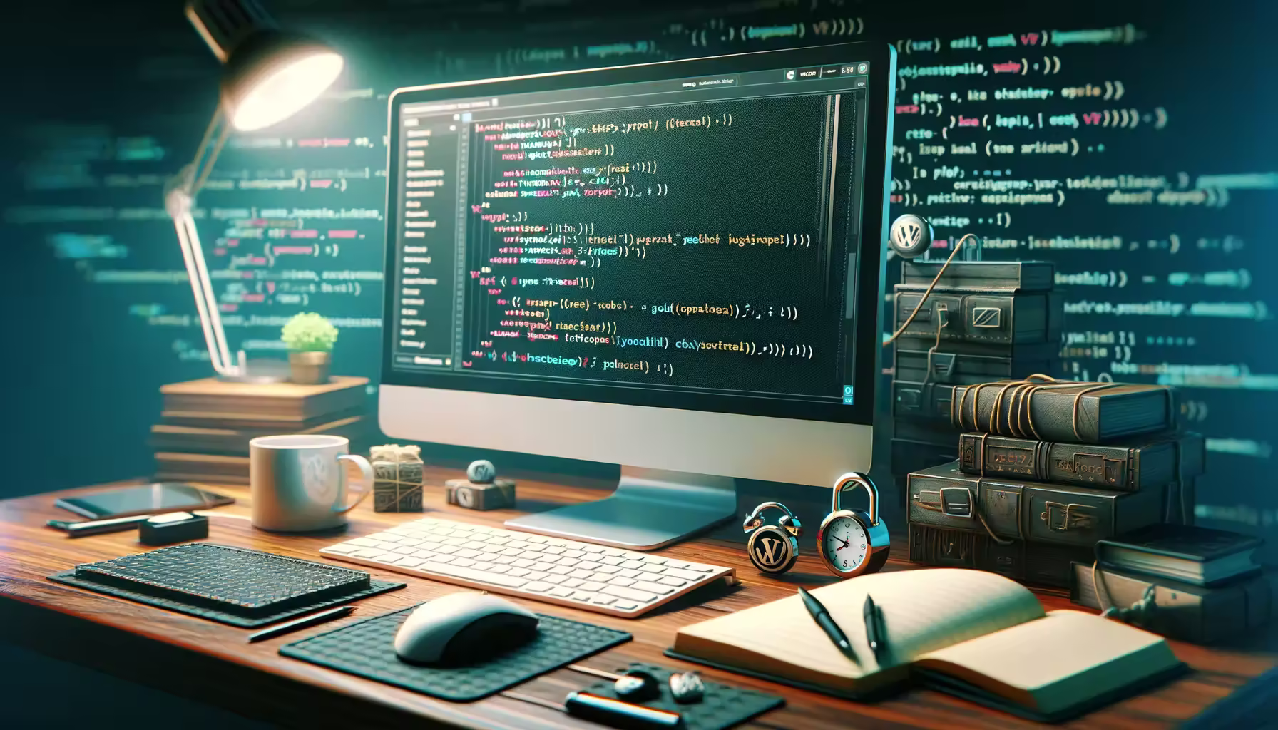 llustration-mac-vscode-creation-theme-enfant-wordpress-bureau-lampe-bouquins