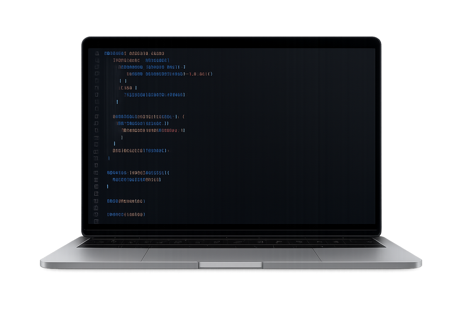 Ordinateur portable moderne sur fond sombre affichant un éditeur de code avec du texte coloré