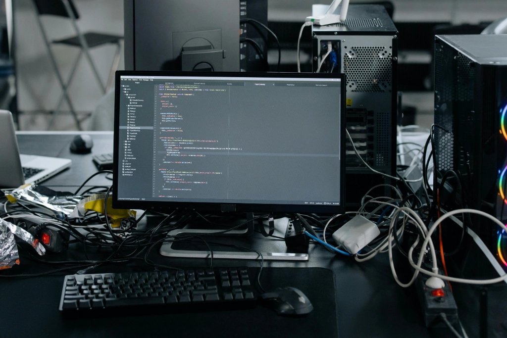 Poste de travail de développeur avec écran principal affichant du code source, entouré de câbles et composants informatiques.